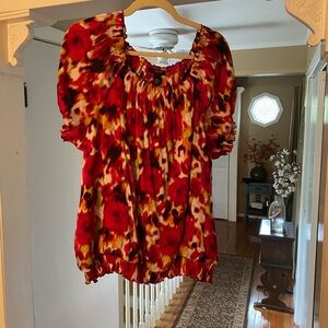 Alfani Red Black Cranberry Ruffle Puff Sleeve Blouse 16W
